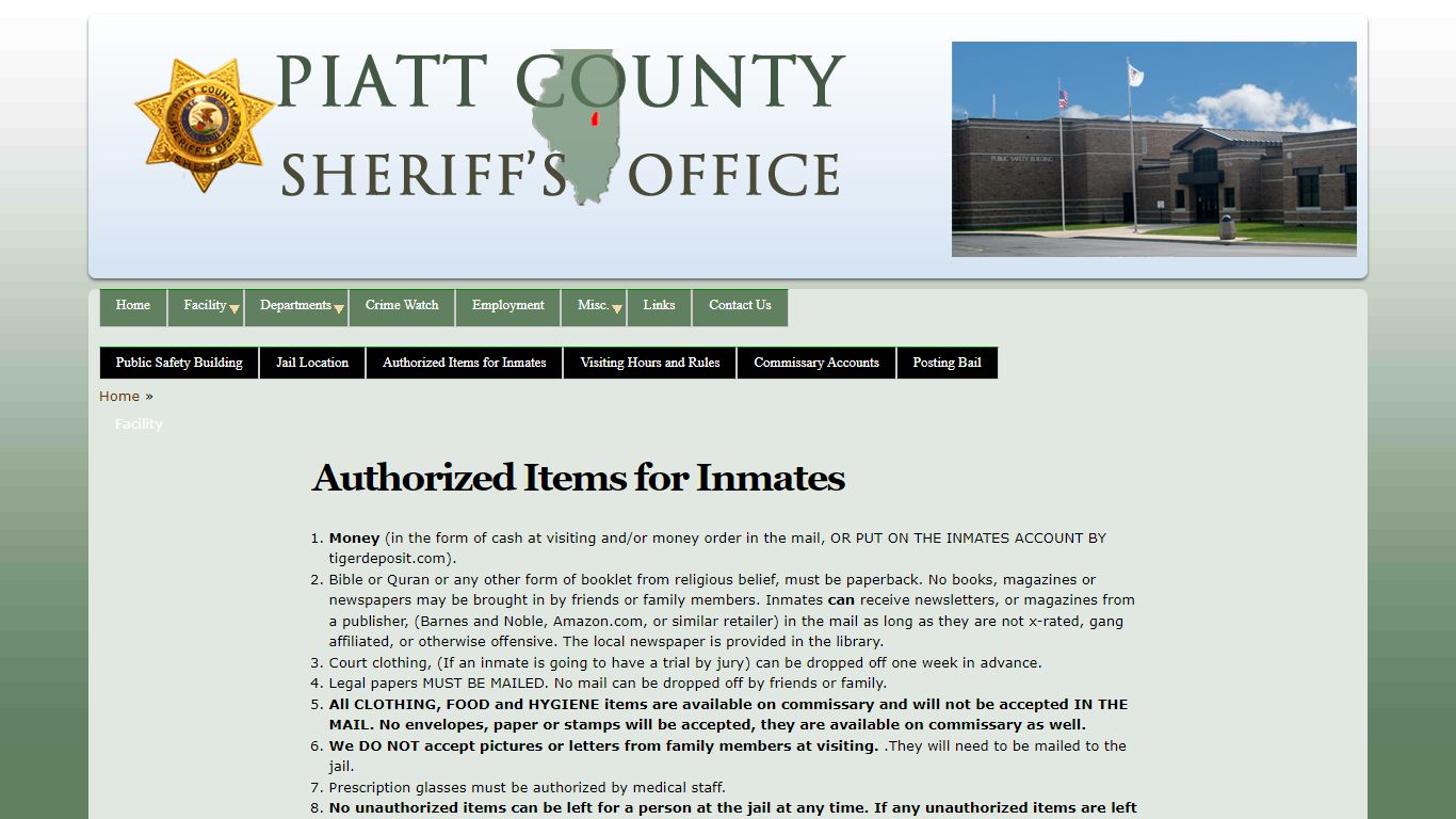 Authorized Items for Inmates | Piatt County Sheriff